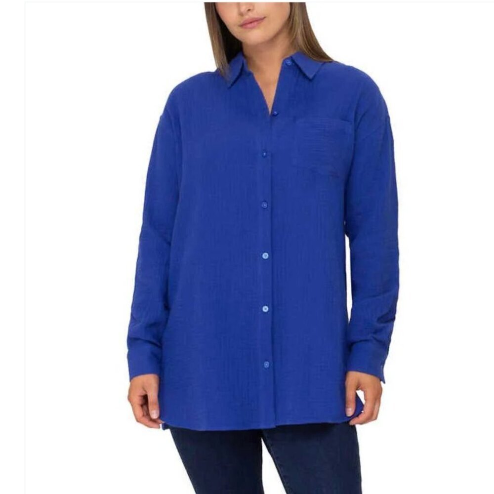 Rachel Roy Comfy Blue Crinkle Cotton Button-up Casual Top Women's Size Large